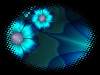 Fractal image in an oval frame with flowers on a dark background..Template with place for inserting your text.Multicolor flowers.