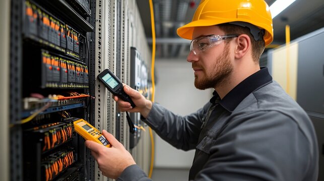 A technician performing a routine check on server racks using a digital multimeter to ensure proper function - Powered by Adobe