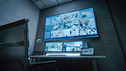 Surveillance video footage from the security cameras in office displayed on computer monitors,...