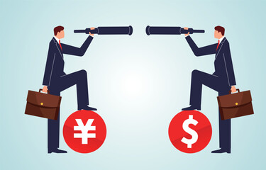 Currency Competition, Analyzing and Researching Competitors, International Investment Analysis, Businessman with Binoculars Standing on Yen Coins and Dollar Coins to Observe Each Other