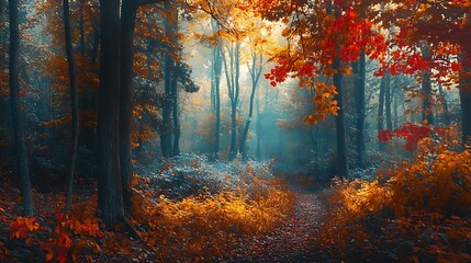 Fototapeta premium Sun-drenched autumn forest path, golden leaves carpet vibrant woods