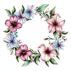Watercolor floral wreath with pink and purple flowers and green leaves.