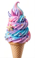 Naklejka premium Unicorn Ice Cream Cone with Swirls and Whipped Delights with Toppings: A Cold and Creamy Frozen Dessert in a Crispy Wafer 