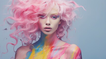 Fototapeta premium A portrait of a model with pink hair and colorful paint splashes on her skin.