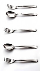 Cutlery set arranged on white background including spoons, forks  tableware, kitchenware, dining, eating utensils, couverts, cuchilleria, talheres, besteck image