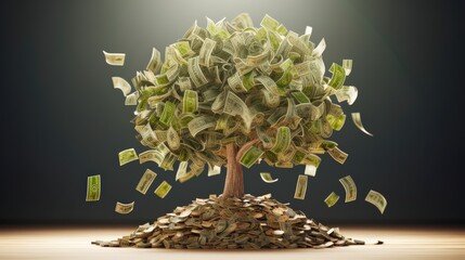 A tree made of money surrounded by coins, symbolizing wealth and prosperity.