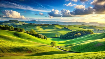 Obraz premium Landscape of vibrant green fields in rolling hills under a blue sky