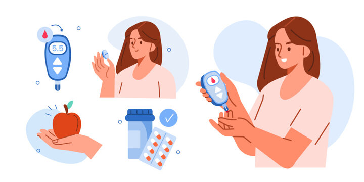 Diabetes type 2 concept set. Woman checks monitor blood sugar level with glucometer, change diet and take medications. Vector illustration.
