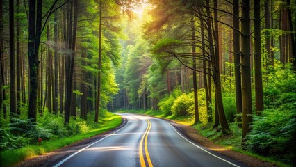 Obraz premium Empty road winding through a serene forest setting