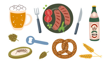 Set of beer festival elements isolated on white background. Oktoberfest concept. Beer festival concept.