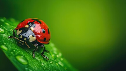 Naklejka premium A close-up of a ladybug sitting quietly on a leaf, the rich green background highlighting the vivid red of its shell.