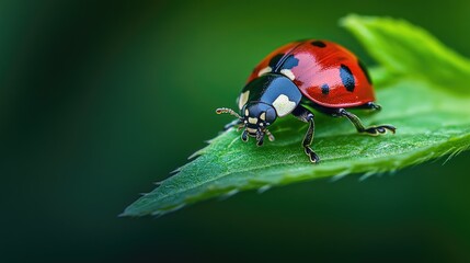 Fototapeta premium A close-up macro shot of a ladybug, or mariquita, reveals its detailed shell and legs as it rests on a green leaf.