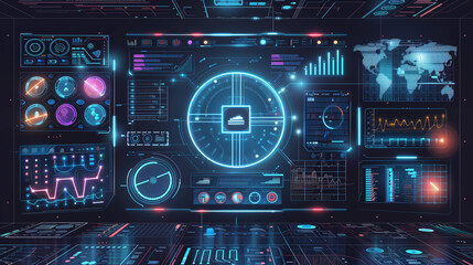 complex cybersecurity analytics, including graphs, heatmaps, and threat analysis charts. Use a high-tech interface to convey the depth of data analysis.