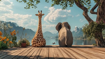 A giraffe and an elephant sit side by side on a wooden deck, the scene playful and charming in its unusual pairing. © savittree