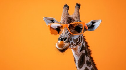 Obraz premium A giraffe sporting orange sunglasses stands out against a vibrant orange background, blending style with a touch of humor.