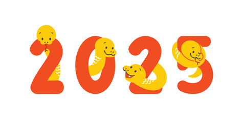 2025年、巳年の年賀状素材　蛇のキャラクターのポップなイラスト