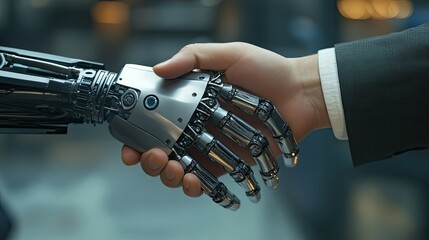 A handshake between a robotic and a human hand in a professional office, highlighting the future of cooperation.