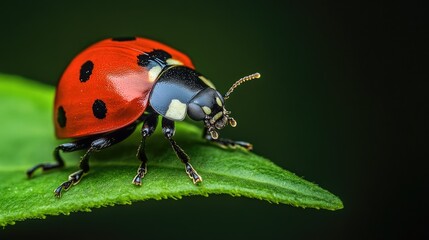 Naklejka premium A mariquita, or ladybug, is showcased in a macro shot, each detail of its tiny body crisp and vivid on a green leaf.