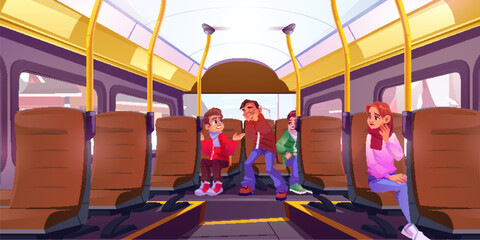 Teenage kids traveling in school bus. Cartoon vector autobus interior with seats and handles. Children inside transportation - teen boy hold his face with hands and cry, confused kids around him. © klyaksun