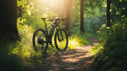Fototapeta premium A sleek electric bike stands on a sunlit forest path, surrounded by lush greenery, evoking a sense of adventure and tranquility.