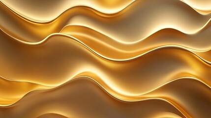 Abstract 3D golden background with elegant, shimmering wave patterns undulating smoothly, reflecting soft light.