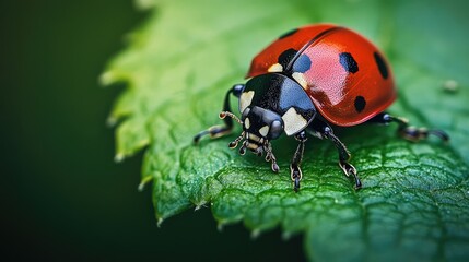 Fototapeta premium Close-up macro image of a ladybug resting on a green leaf, each detail crisp and the colors vivid.
