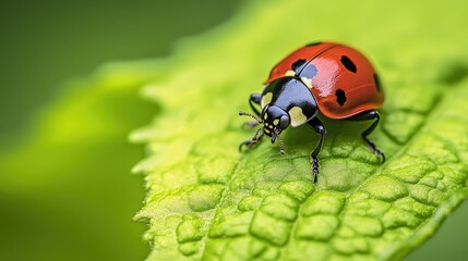 Fototapeta premium Close-up macro image of a ladybug resting on a green leaf, each detail crisp and the colors vivid.