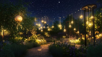 A serene garden illuminated by hanging lights creates a magical atmosphere under a starry night sky. The scene evokes feelings of tranquility and wonder.