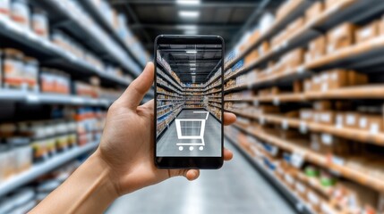 A hand holds a mobile device displaying a digital barcode scan amid a busy grocery store aisle during an online shopping experience