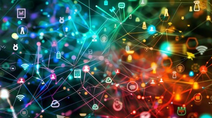 Fototapeta premium A vibrant digital network of icons representing technology and connectivity.