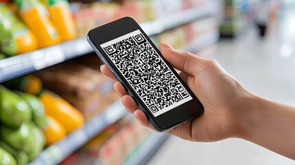 A person exploring the convenience of mobile online shopping with a digital barcode scan in a vibrant grocery store setting