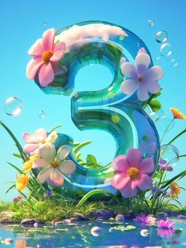 A vibrant, transparent number 3 surrounded by colorful flowers and bubbles in a serene setting.