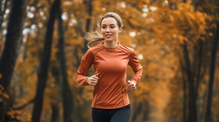 Happy smiling beautiful Caucasian woman running or jogging on trail in autumn park or forest during fall season, female athlete, runner or jogger training or exercising in nature, fitness and sport
