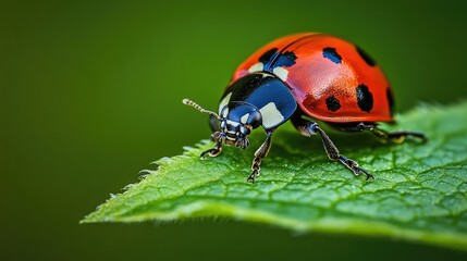 Fototapeta premium The macro shot of a ladybug on a green leaf brings out the finest details, showcasing nature's beauty up close.