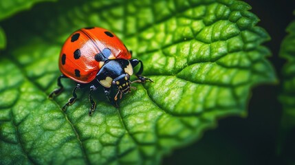 Fototapeta premium The macro shot of a ladybug on a green leaf brings out the finest details, showcasing nature's beauty up close.