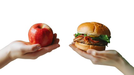 One hand holds a fresh apple and the other holds a hamburger, juxtaposing healthy organic vegetarian food with unhealthy processed fast food, highlighting dietary and lifestyle choices, a transparent 