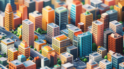 Colorful low-poly cityscape with buildings and streets.