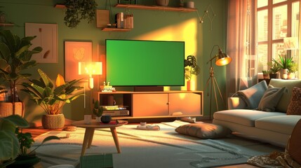 A cozy living room bathed in warm light, featuring a green screen TV, plants, and comfortable furniture. The atmosphere is inviting and relaxed, perfect for unwinding.