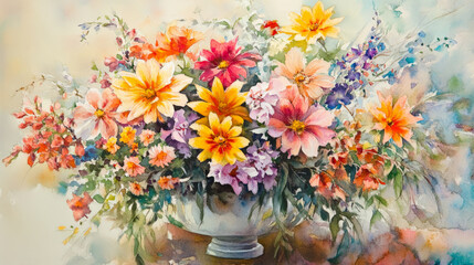 Vibrant watercolor painting of a floral bouquet with various colorful flowers in a decorative vase, showcasing artistic elegance and beauty.