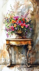 Vibrant watercolor painting of a flower arrangement on an antique table against a rustic background, showcasing artistic elegance and detail.