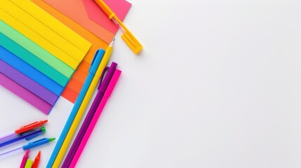 Fototapeta premium Colorful stationery items arranged neatly, evoking a sense of creativity and inspiration. The vibrant colors of the pens and paper invite artistic expression.