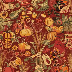 Folk Art Harvest Festival: Fall Pattern with Harvest Elements and Folk Symbols, A seamless pattern