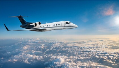 Luxury private jet flying high above the clouds. Exclusive air transportation