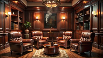 Luxurious, dimly-lit space with rich wood paneling, leather armchairs, and a humidor, filled with premium cigars, exuding sophistication and elegance.