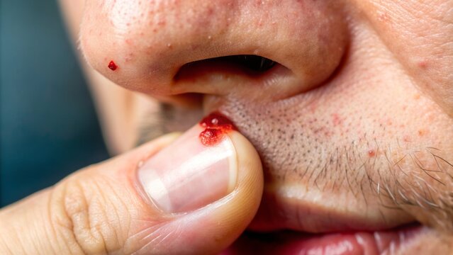 Macro shot of a person's finger squeezing a whitehead pimple on their nose, with a burst of pus and blood oozing out, against a soft focus background.