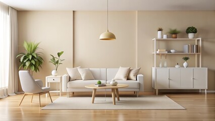Minimalist modern mockup room setting with cream walls, sleek white furniture, and pastel-colored accents, perfect for showcasing products or design concepts.