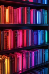 Fototapeta premium Vibrant Neon-Lit Bookshelf with Colorful Books in a Modern Library Setting