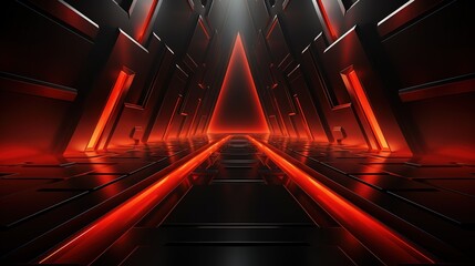 Abstract dark corridor with glowing red lights.