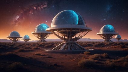 Satellite dish located on the ground Under the beautiful night sky.AI generated