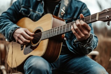 Fototapeta premium A person wearing a denim jacket plays an acoustic guitar outdoors, focusing on the strings and chords, creating music in a natural, serene environment.
